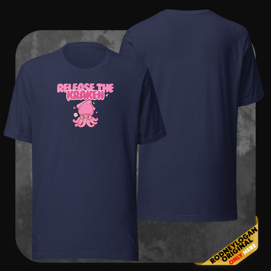 Navy blue T-shirt with a vibrant pink squid illustration and ‘Release the Kraken’ text across the chest in a playful font, front and back view.