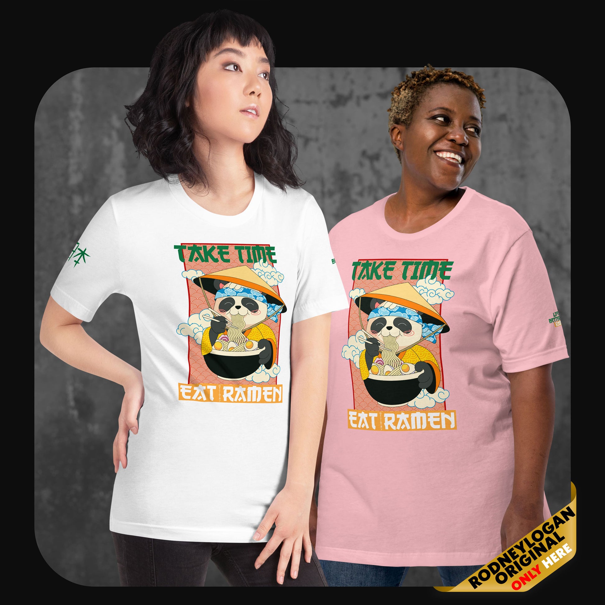 Front and back view of a light blue t-shirt featuring a sloth enjoying ramen and the motivational message “Take Time Eat Ramen”; back includes a chopsticks and red sun graphic.