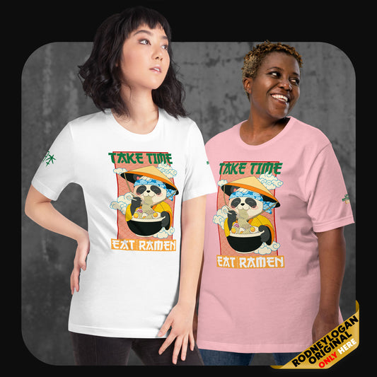 Front and back view of a light blue t-shirt featuring a sloth enjoying ramen and the motivational message “Take Time Eat Ramen”; back includes a chopsticks and red sun graphic.