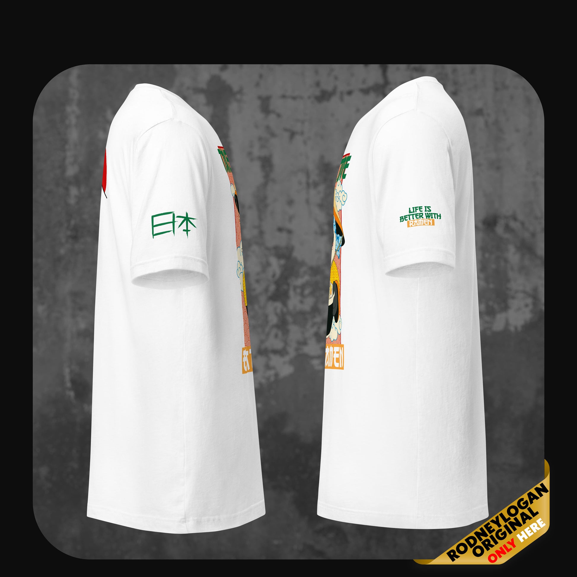 Side view of a white t-shirt showing sleeve details; left sleeve has green Japanese characters and right sleeve has green text reading “Life is better with ramen.”