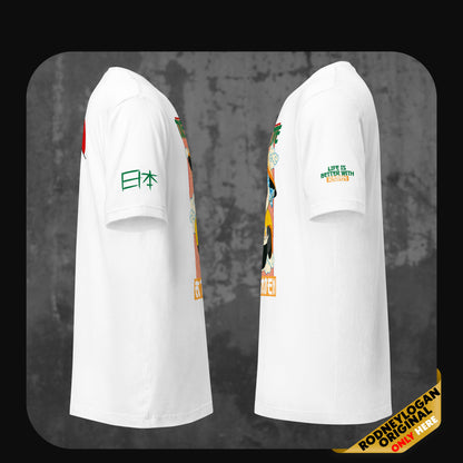 Side view of a white t-shirt showing sleeve details; left sleeve has green Japanese characters and right sleeve has green text reading “Life is better with ramen.”