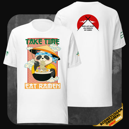 Front and back view of a white t-shirt with a colorful ramen-eating sloth illustration on the front and chopsticks over a red circle on the back with the phrase “When life gives you noodles, eat ramen.”