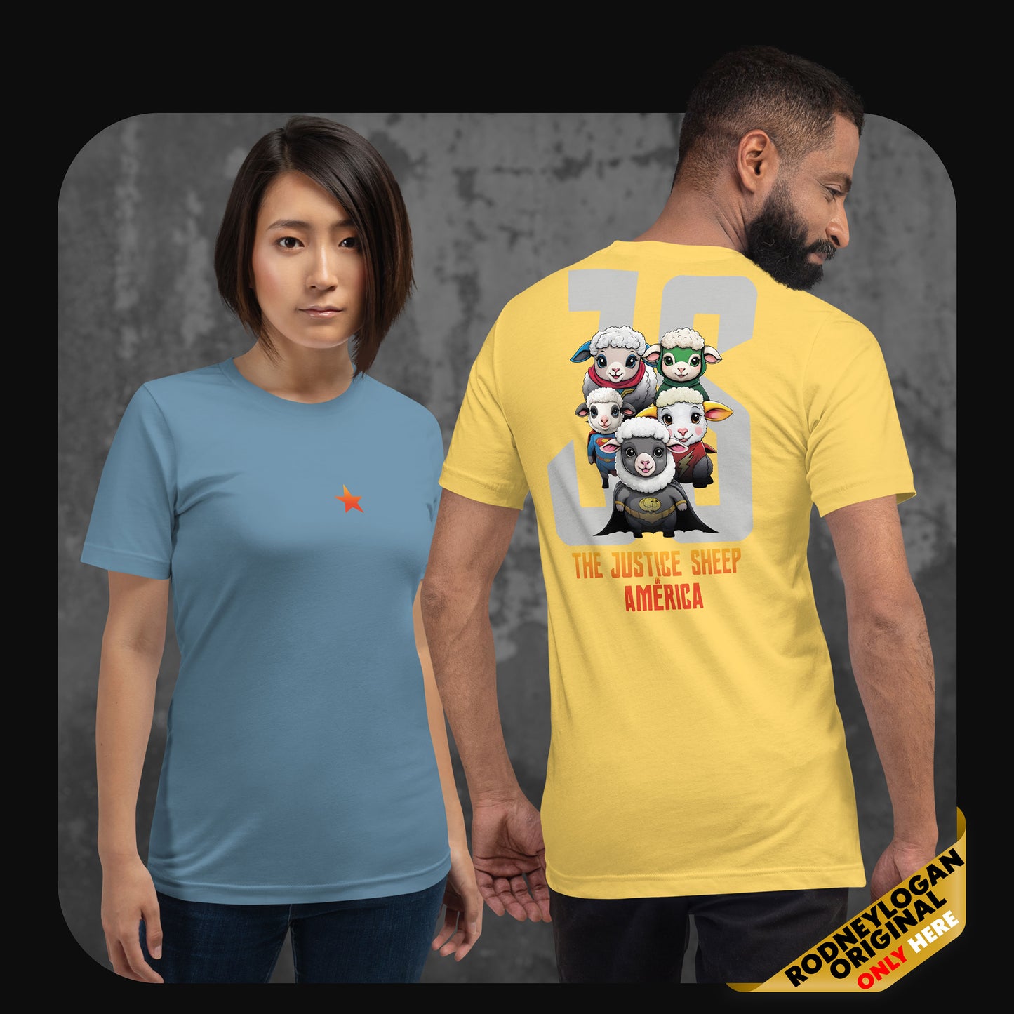 Two people wearing “The Justice Sheep of America” t-shirts – woman in steel blue front view with orange star; man in steel yellow showing the cartoon superhero sheep on the back.