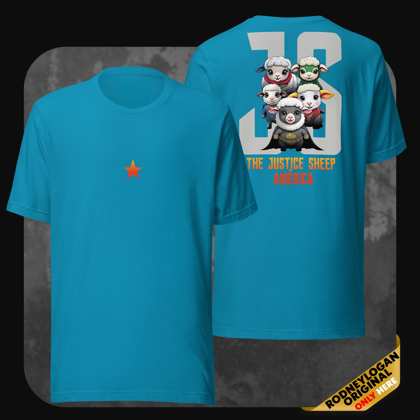 Aqua blue t-shirt with orange star on the chest and superhero sheep illustration with “JS” and “The Justice Sheep of America” on the back.
