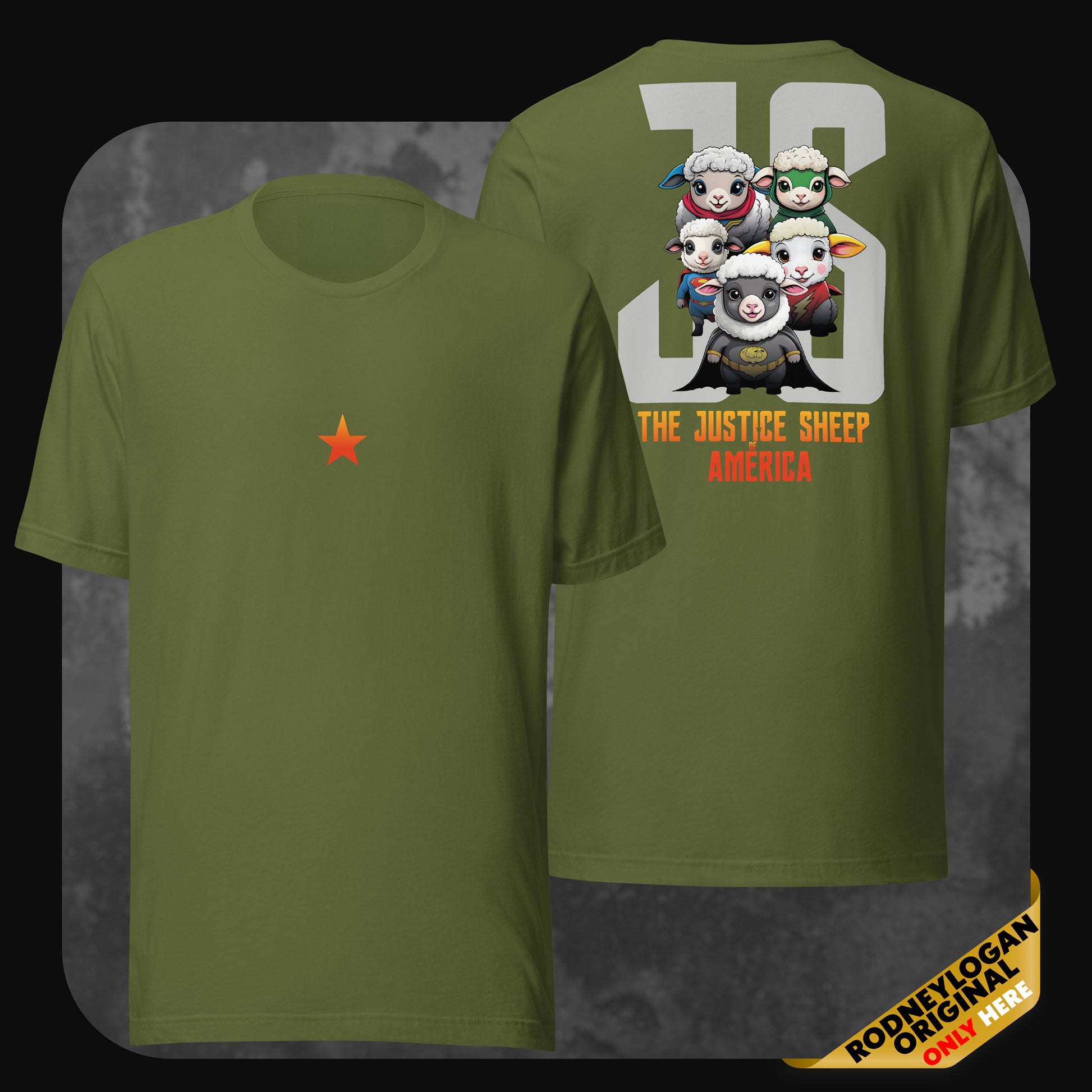 Olive green t-shirt with front orange star and back print of five cartoon sheep dressed as superheroes, standing over “JS” and “The Justice Sheep of America.”