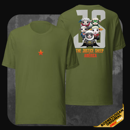 Olive green t-shirt with front orange star and back print of five cartoon sheep dressed as superheroes, standing over “JS” and “The Justice Sheep of America.”