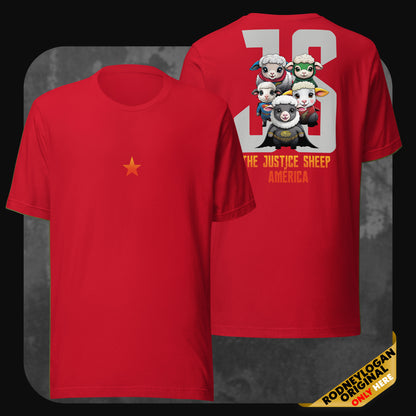 Red t-shirt featuring an orange star on the front and a cartoon design of superhero sheep with “JS” and “The Justice Sheep of America” text on the back.