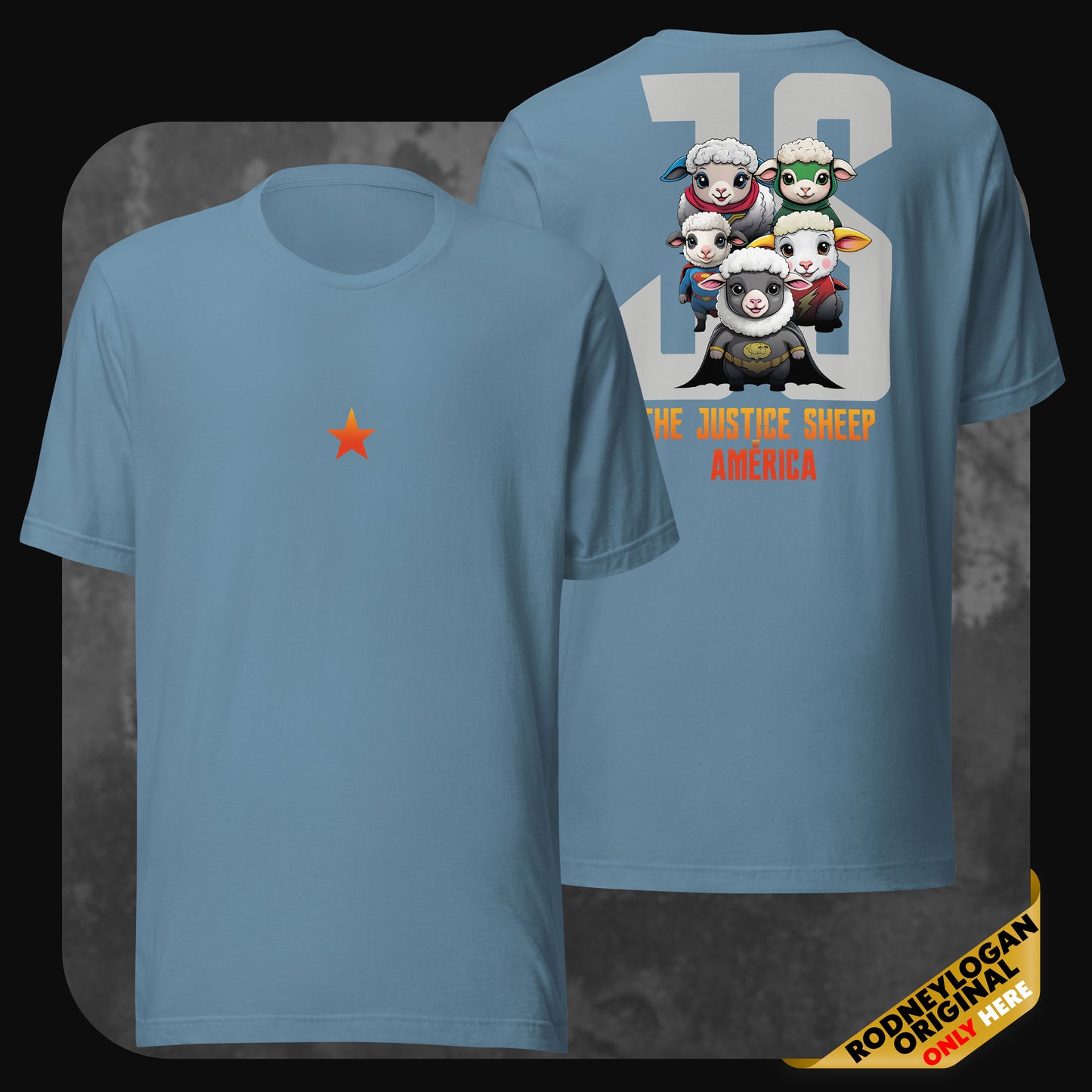 Steel blue t-shirt front and back view showing the orange star and comic-style sheep superhero group design labeled “The Justice Sheep of America.”