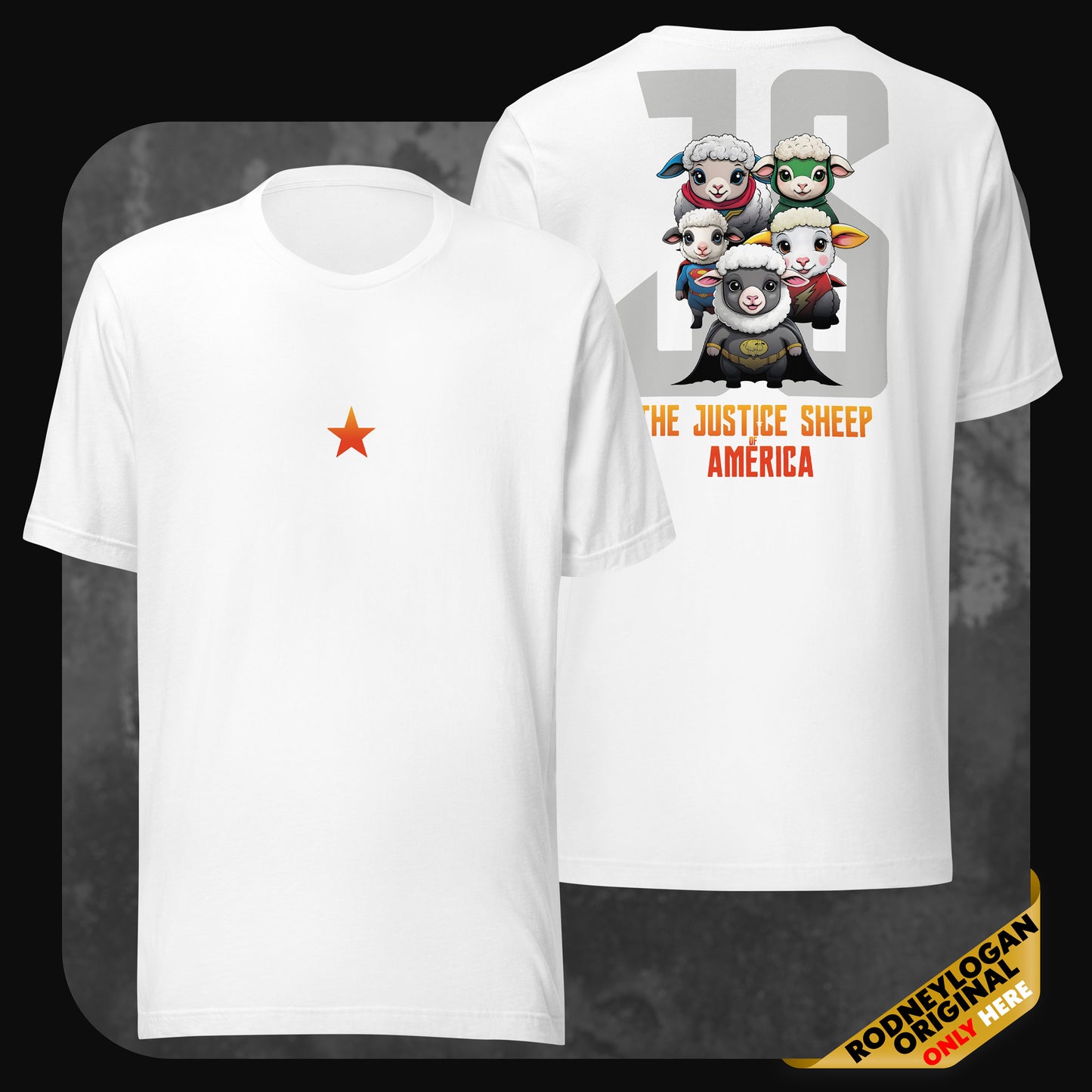 White t-shirt with orange star on the front, and colorful cartoon sheep as superheroes with bold “JS” text and “The Justice Sheep of America” on the back.