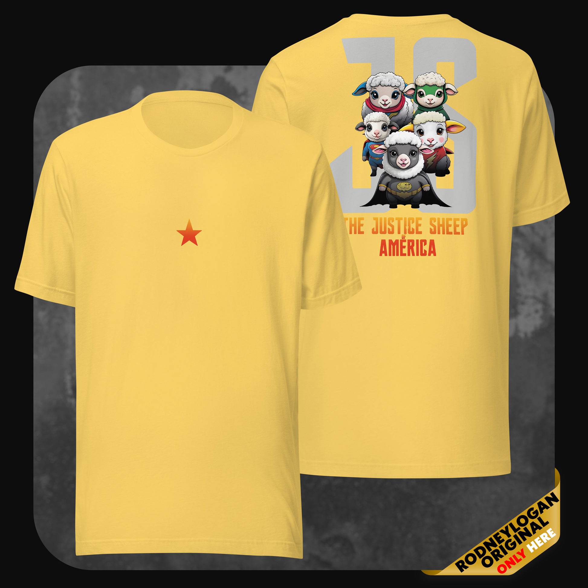 Steel yellow t-shirt showing front orange star and back design of five cartoon superhero sheep with large “JS” and red lettering.