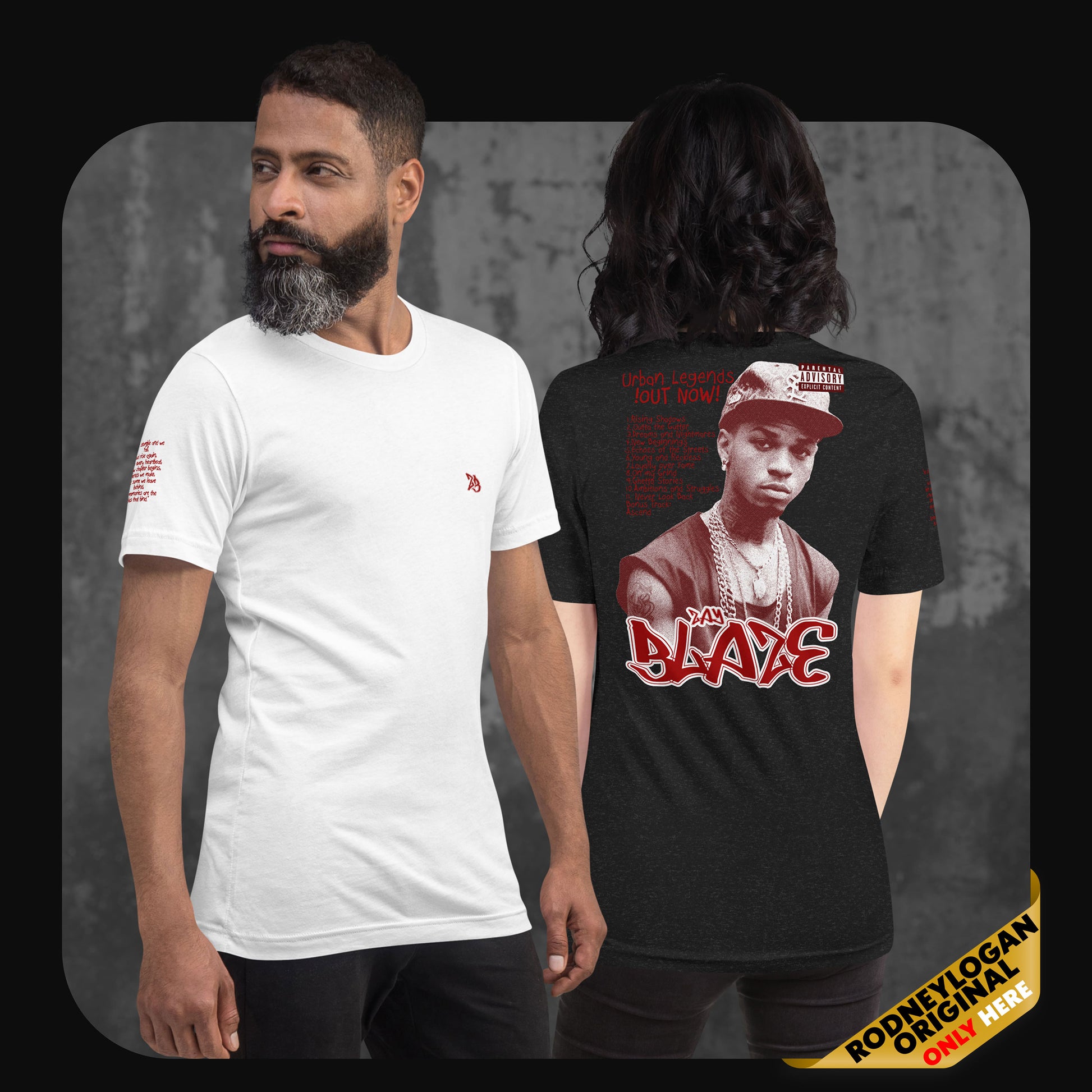 Man and woman wearing Zay Blaze streetwear T-shirts with bold graphic front and back design in white and black colorways.
