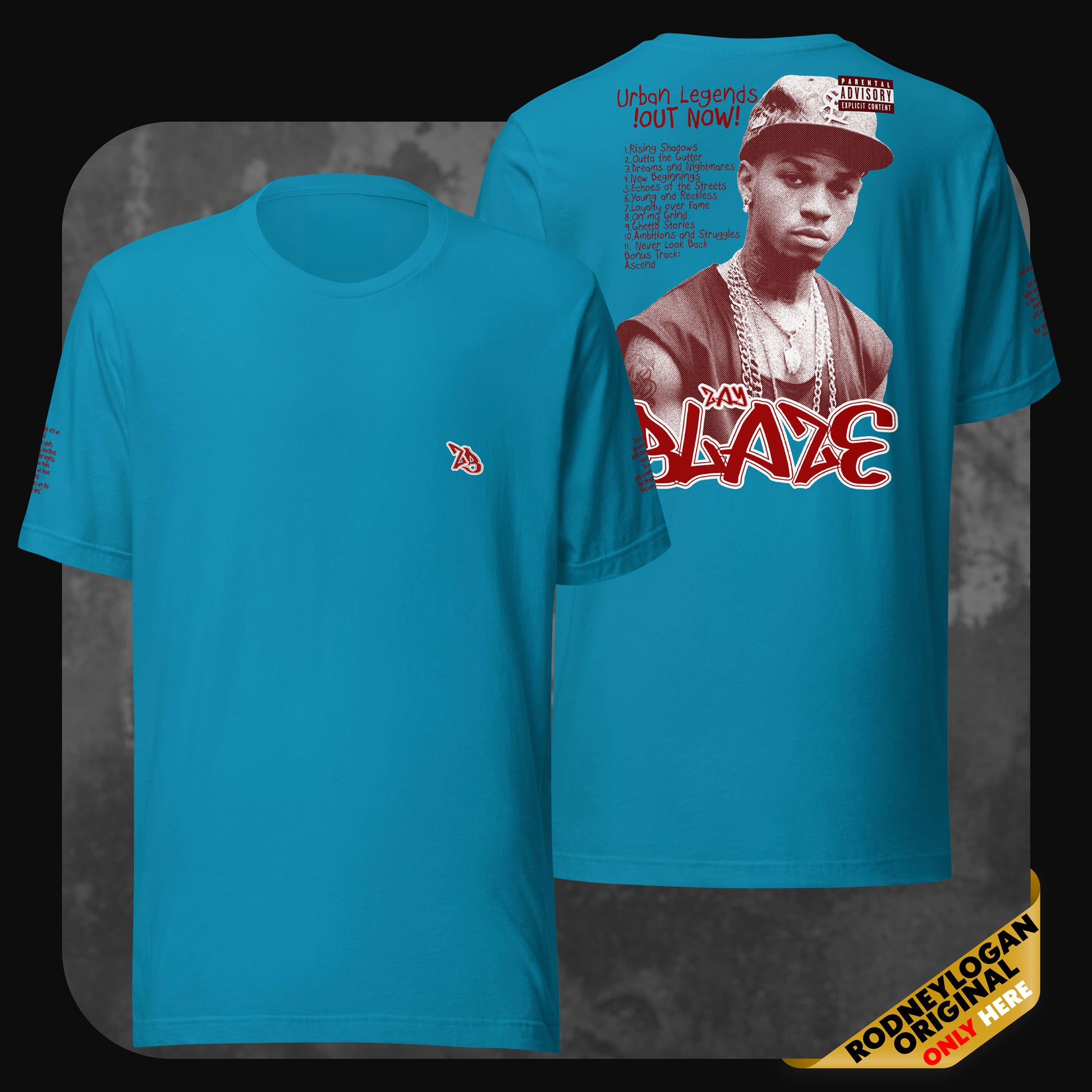 Aqua blue Zay Blaze T-shirt front and back view with red graffiti-style print and hip-hop inspired design.
