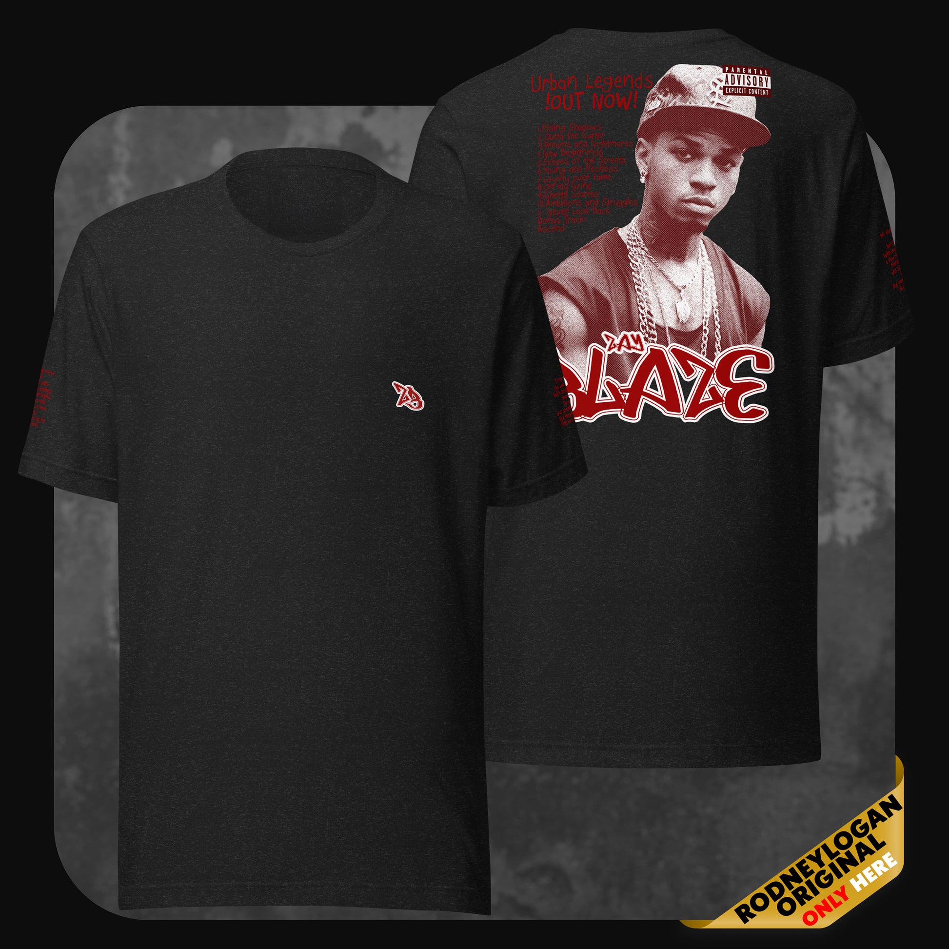 Black Zay Blaze T-shirt with bold red graffiti-style back print of rapper and small front chest logo.
