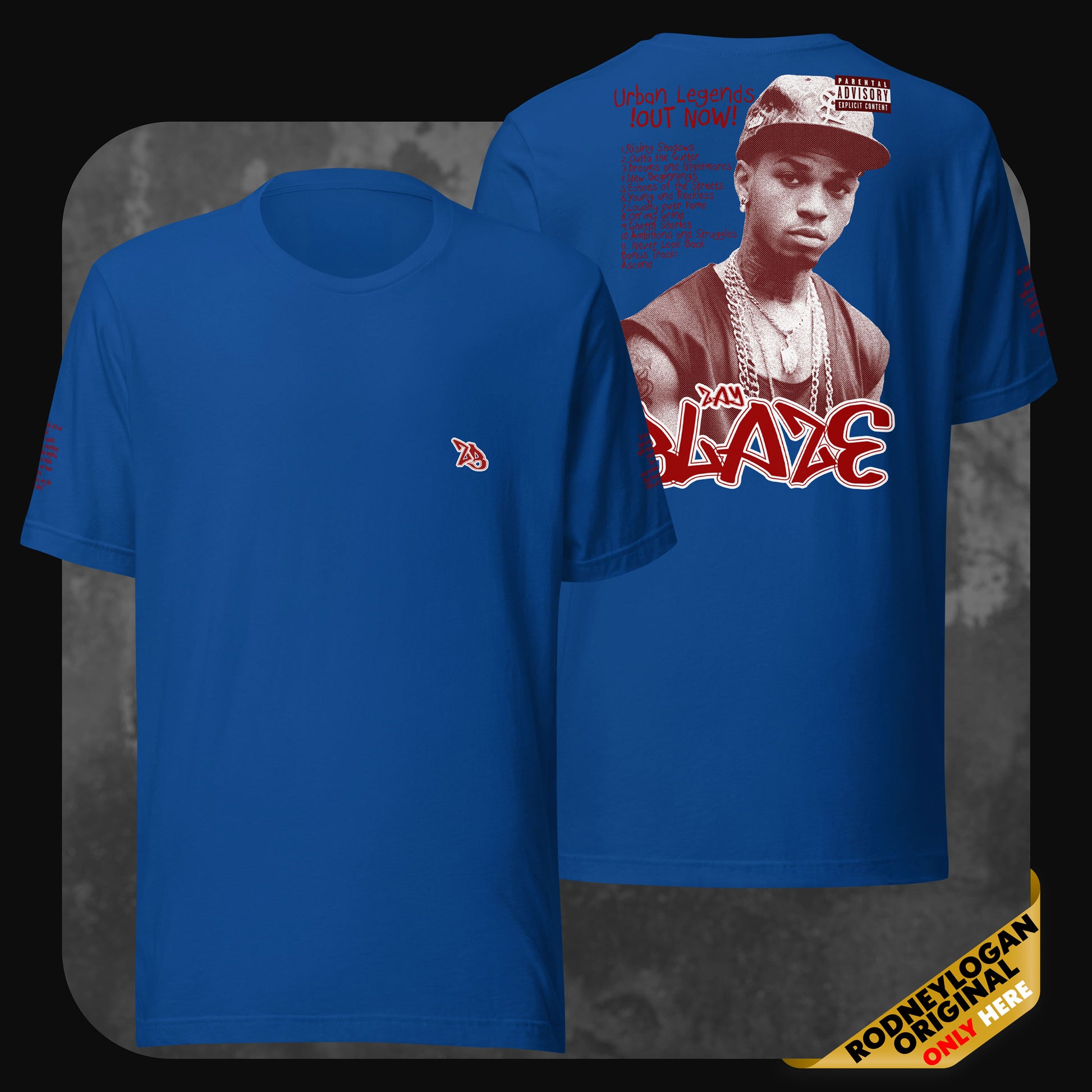 Royal blue Zay Blaze T-shirt showcasing iconic rapper artwork and streetwear-inspired typography on the back.