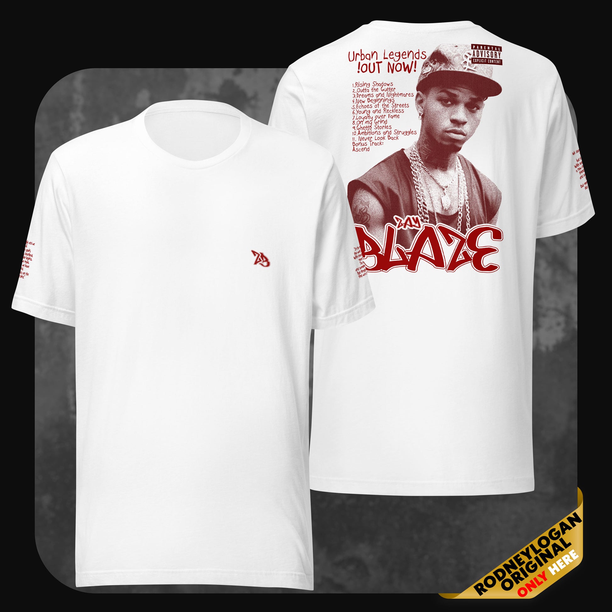 White Zay Blaze T-shirt displayed from front and back, featuring minimalist chest logo and bold graphic print of rapper on the back.