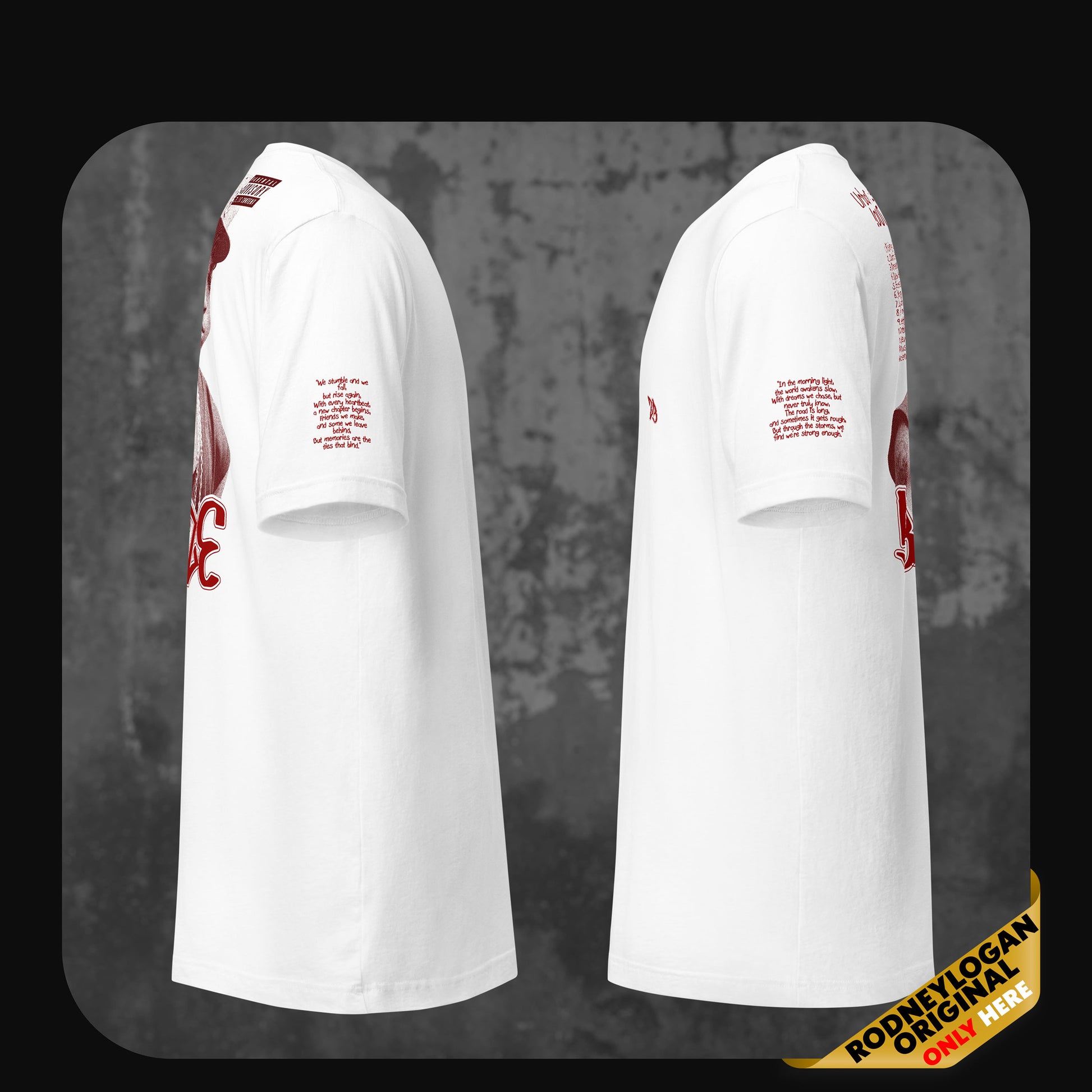 Side view of two white Zay Blaze T-shirts showing detailed red print on sleeves and back graphic art.